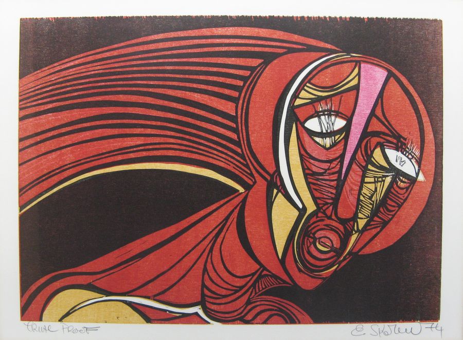 Click the image for a view of: Cecil Skotnes. Untitled (female head). 1974. Woodcut. Trial Proof.710X560mm